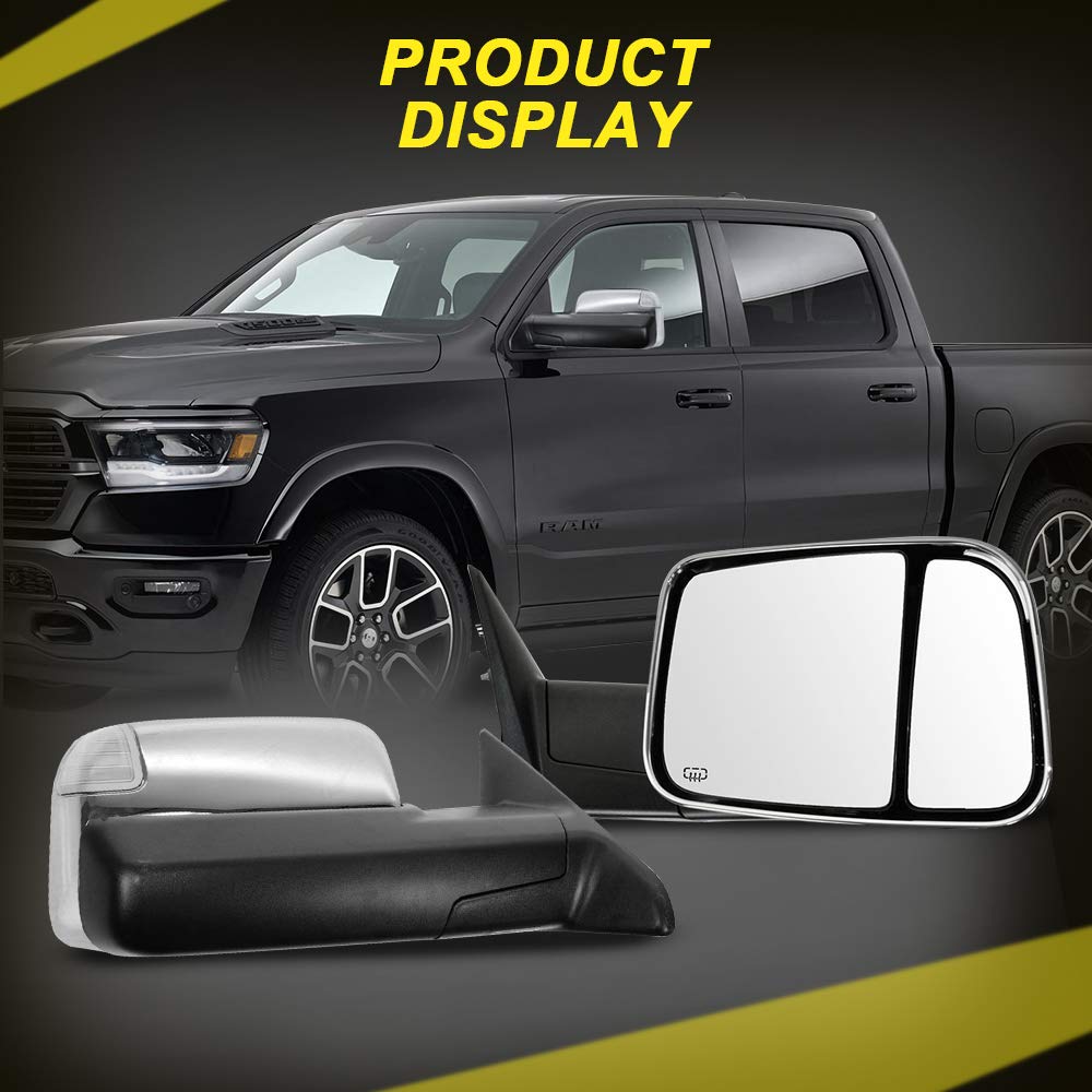 CCiyu Chrome Power-Adjusted Heated Towing Mirrors with Turn Signal & Puddle Light - Compatible with 2011-2016 Dodge Ram 1500/2500/3500 (LH Left & RH Right) - Perfect for Towing, Night Driving & Enhanced Visibility