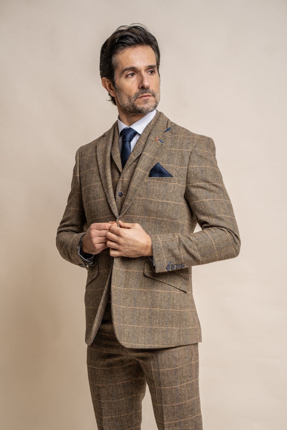 Cavani Albert Men's Brown Slim Fit Tweed Style Jacket - Classic Vintage Blazer for Business, Office, and Formal Events