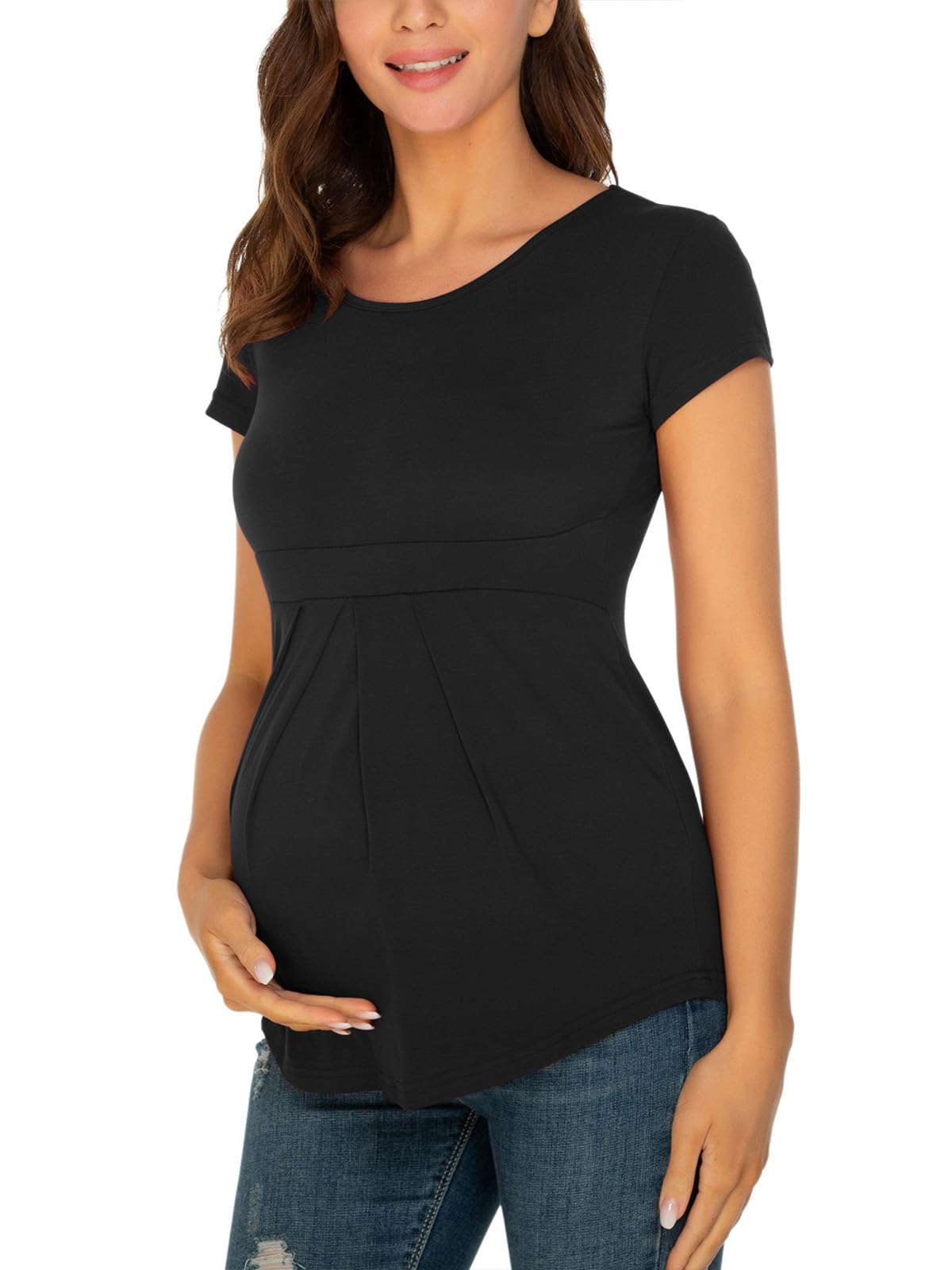 Glampunch Women's Maternity Tops - Short & 3/4 Sleeve Round Neck Peplum Tunic Top with Front Pleat for Pregnancy - Comfortable Shirts for Work, Casual Wear & Nursing