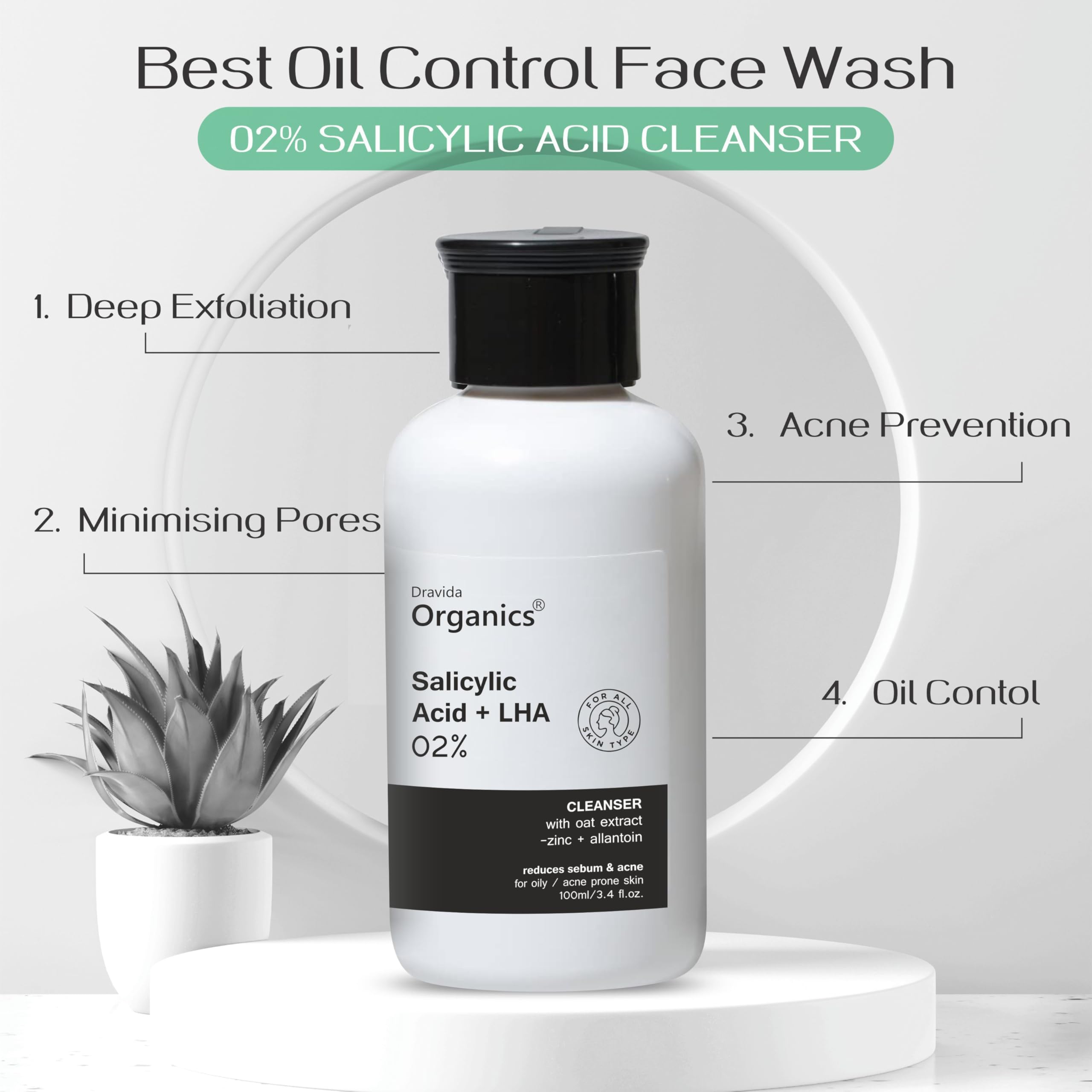 Dravida Organics 2% Salicylic Acid Face Wash for Oily Skin - Oil Control & Anti-Acne Cleanser for Men & Women (100ml) | Deep Cleansing & Pore Minimizing for Clear Skin | Perfect for Daily Skincare Routine & Acne-Prone Skin Care