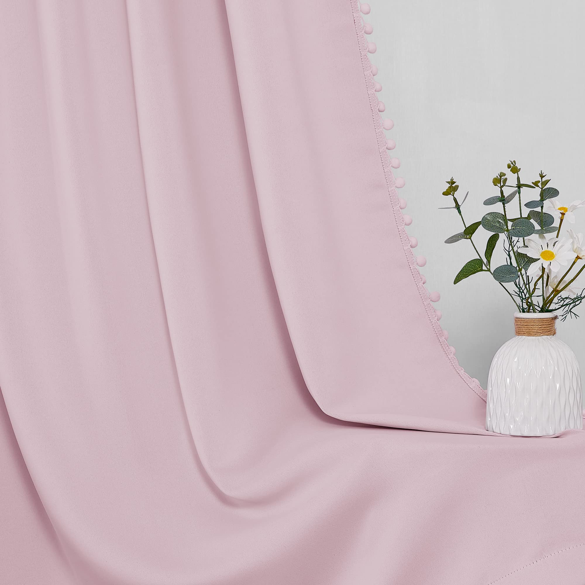 Pink Blackout Curtains for Girls Room - Thermal Insulated Pompom Room Darkening Drapes for Nursery & Baby Rooms | Cute Short Curtains for Kitchen & Small Windows (52