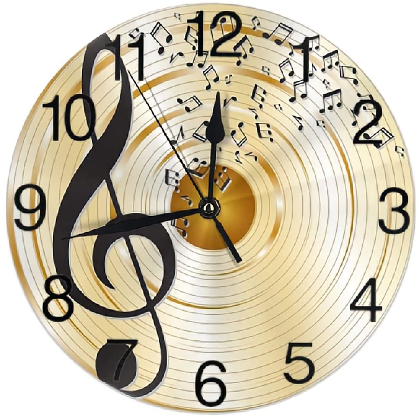 10 Inch Wooden Music Notes Wall Clock - Treble Clef Silent Round Battery Operated Wall Decor for Bedroom, Living Room, Office | Large Decorative Hanging Clock for Musicians & Music Lovers