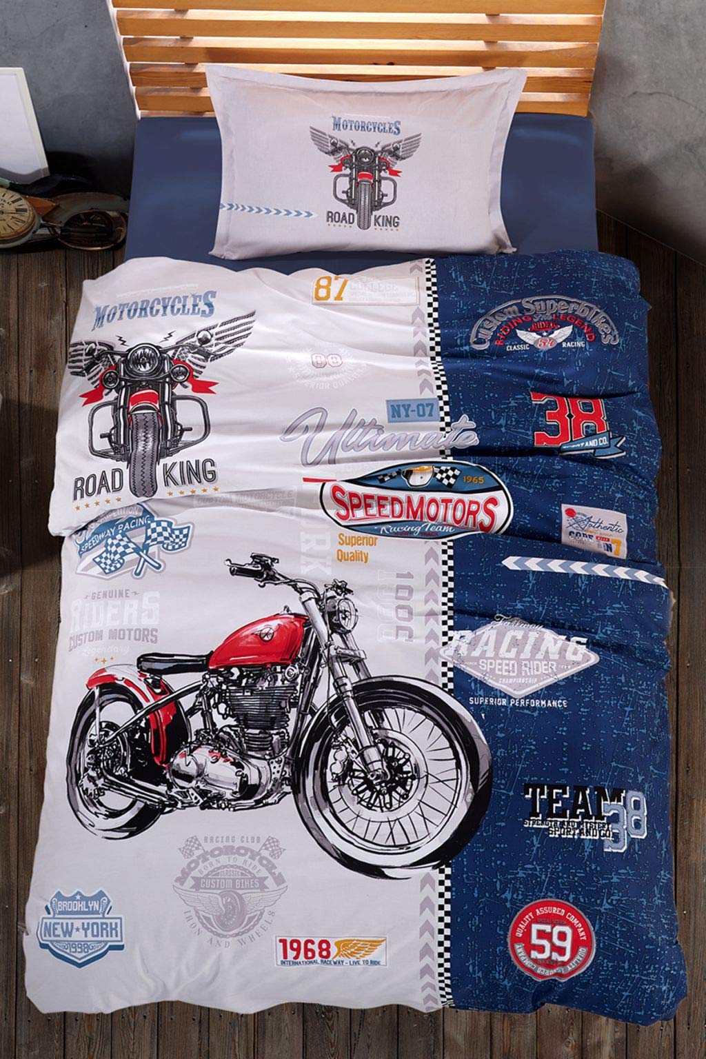 100% Cotton Motorcycle Bedding Set - Twin Size Motorbike Themed Reversible Quilt & Duvet Cover Set with Comforter (4-Piece, Blue) | Perfect for Kids' Rooms, Motorcycle Enthusiasts & Themed Bedroom Decor