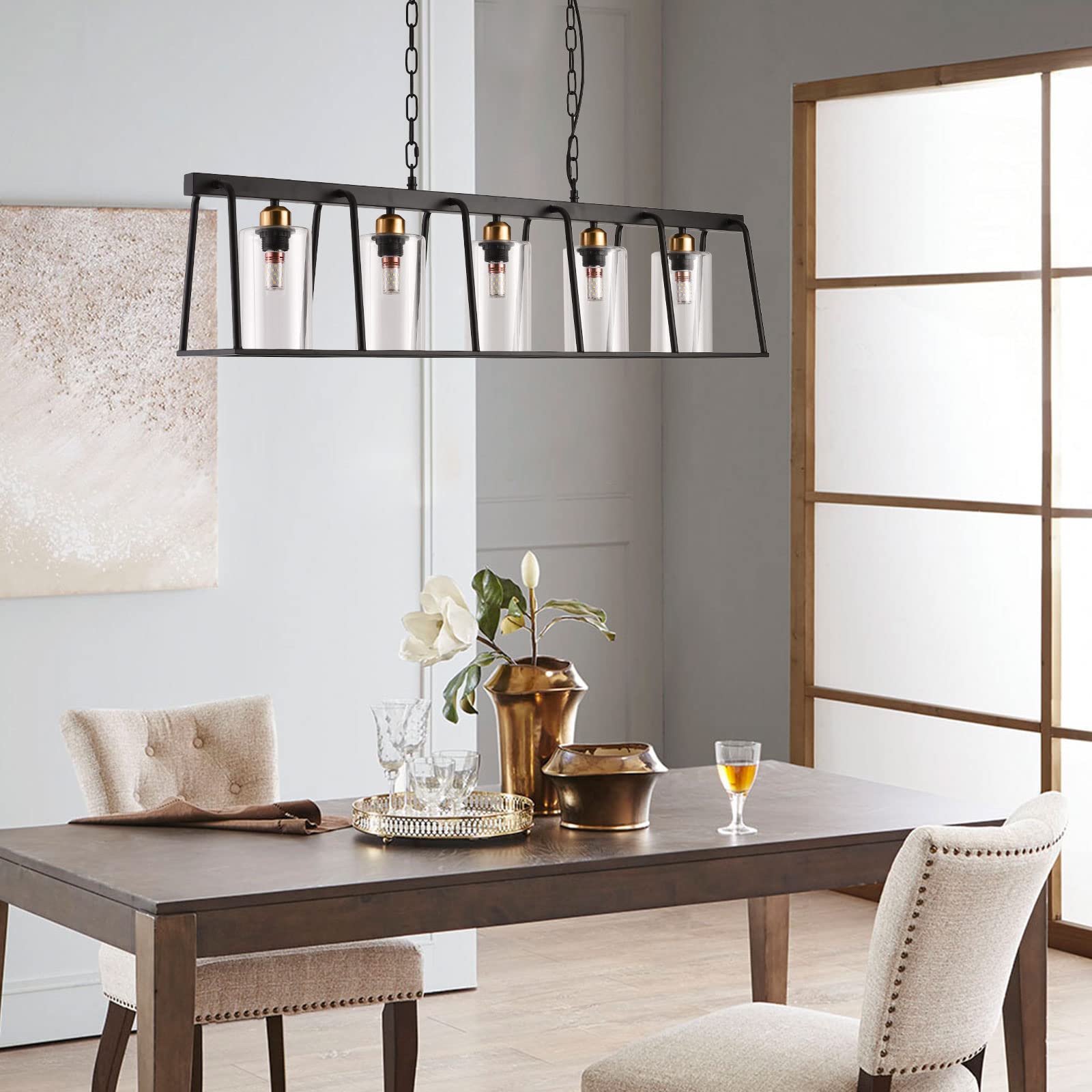 Modern 5-Light Rectangle Chandelier with Clear Glass Shades - Adjustable Rustic Pendant Lighting for Dining Room, Kitchen, Bedroom, Living Room, Foyer & Hallway - Perfect for Farmhouse, Industrial & Contemporary Home Decor