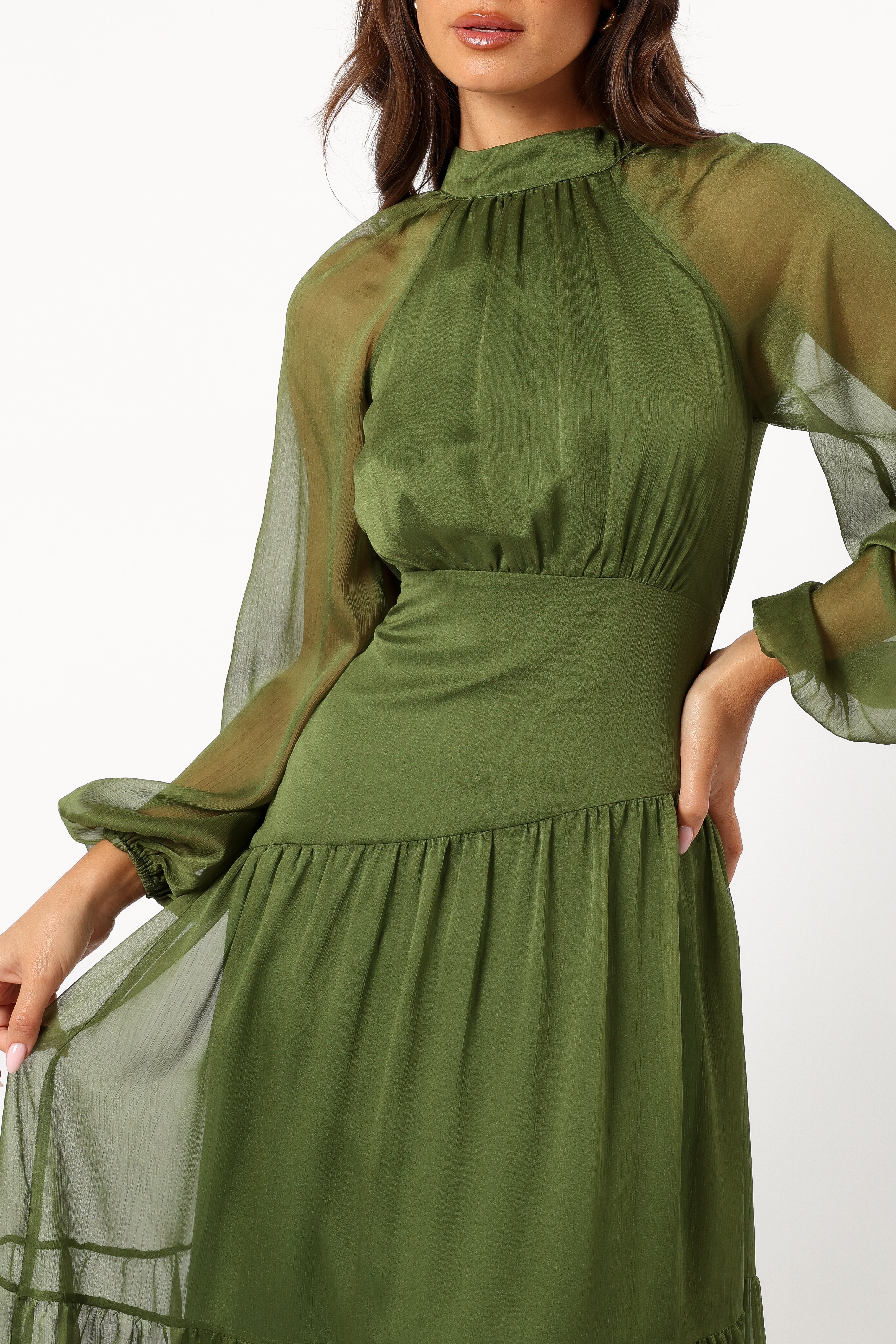 Julip Sheer Long Sleeve Maxi Dress for Women - Olive Green Flowy Boho Beach Cover Up Dress for Summer Vacation, Date Night & Outdoor Parties