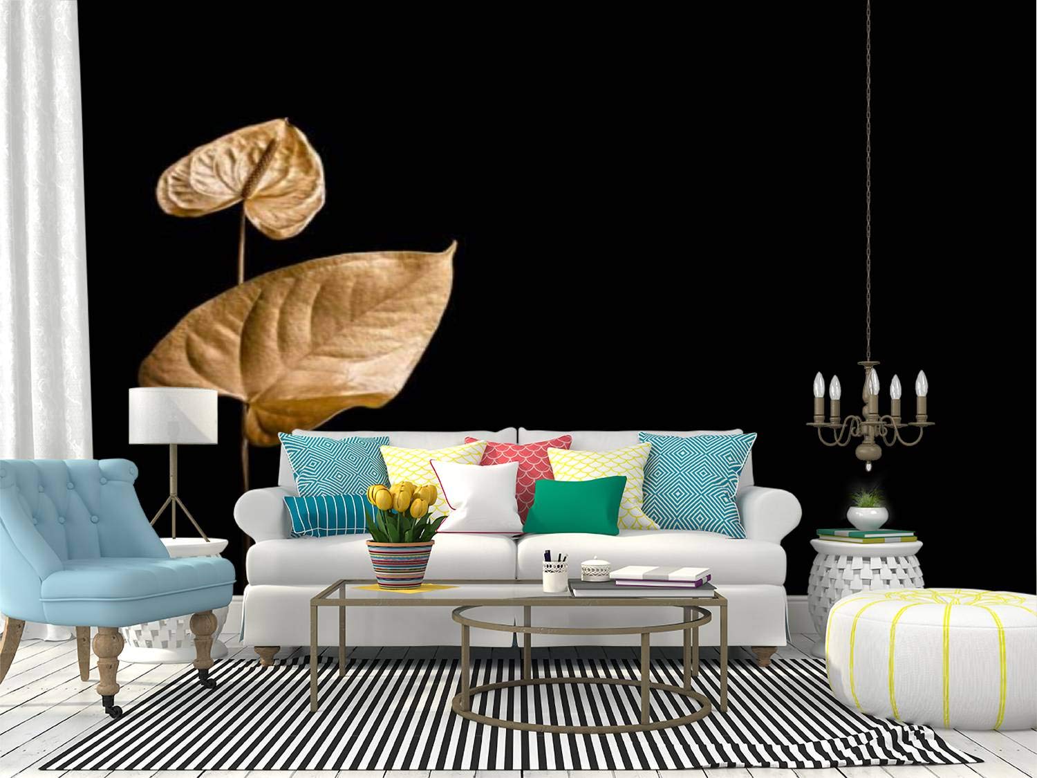 Golden Palm Leaf & Flower Peel and Stick Wallpaper - Self-Adhesive Removable Vinyl Wall Mural for Home Decor, Living Room, Bedroom, or Office