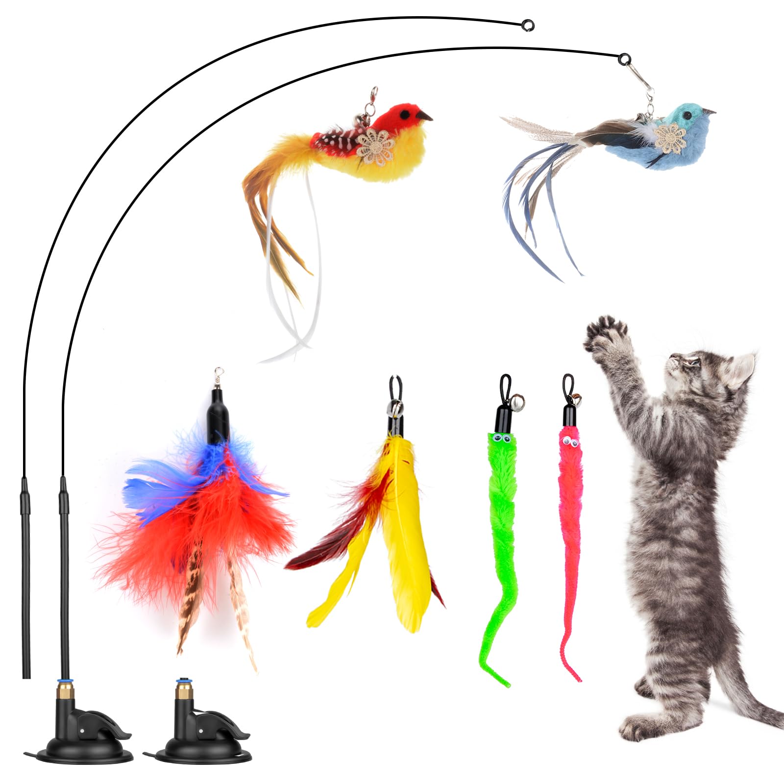 10PCS Interactive Cat Feather Toys with Super Suction Cup - Includes 2 Detachable Wand Toys & 6 Replacement Teaser Refills with Bell - Fun Exercise Toys for Indoor Cats & Kittens - Perfect for Playtime, Training, and Bonding with Your Feline