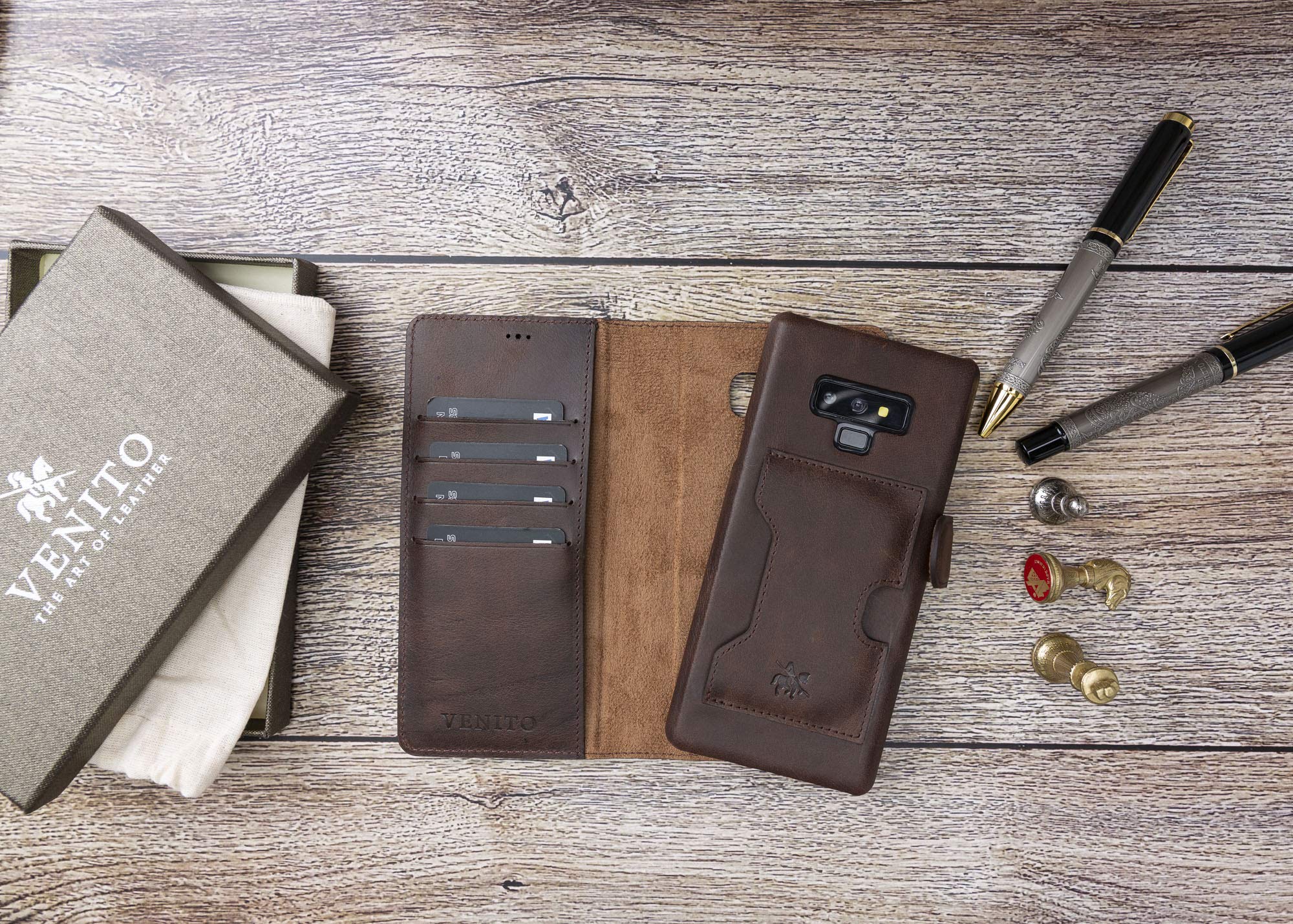 **Venito Florence Genuine Leather Wallet Phone Case for Samsung Galaxy Note 9 – RFID Blocking & Detachable Design – Coffee Brown – Perfect for Travel, Work & Everyday Use**