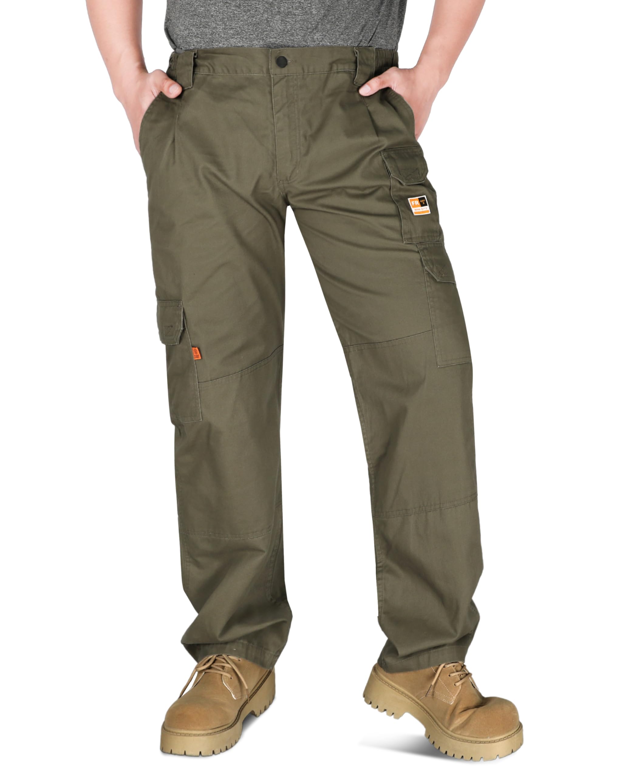 KONRECO FR Men's Cargo Pants - Flame Resistant 7.5oz 100% Cotton Work Pants with Elastic Waist & Utility Pockets | Durable Safety Pants for Construction, Oil Rig, Welding & Industrial Work