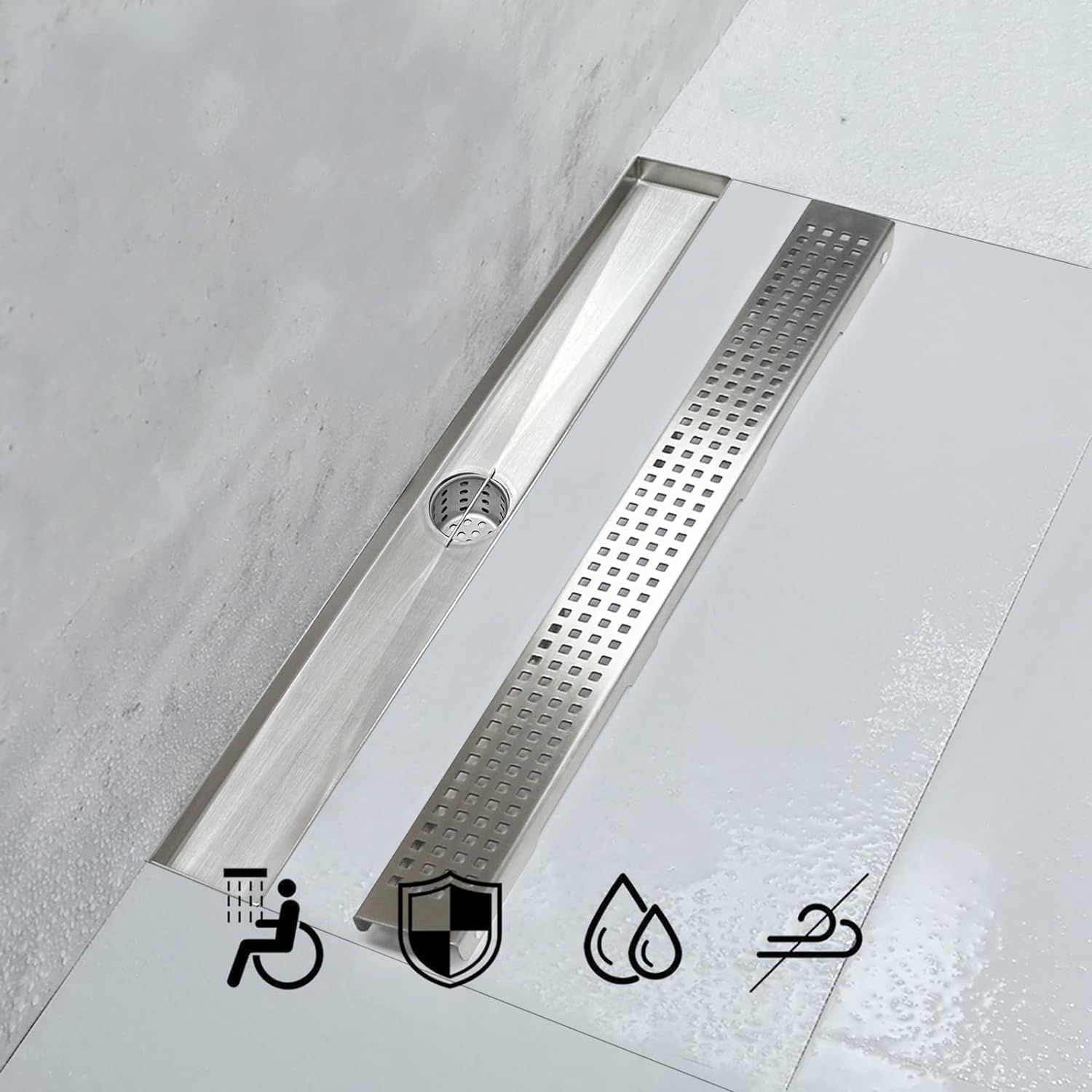 18 Inch AISI 304 Stainless Steel Linear Shower Drain with Removable Grate Cover, Hair Catcher & Leveling Feet - Professional Waterproof Floor Drain for Modern Bathroom & Walk-in Shower Installation