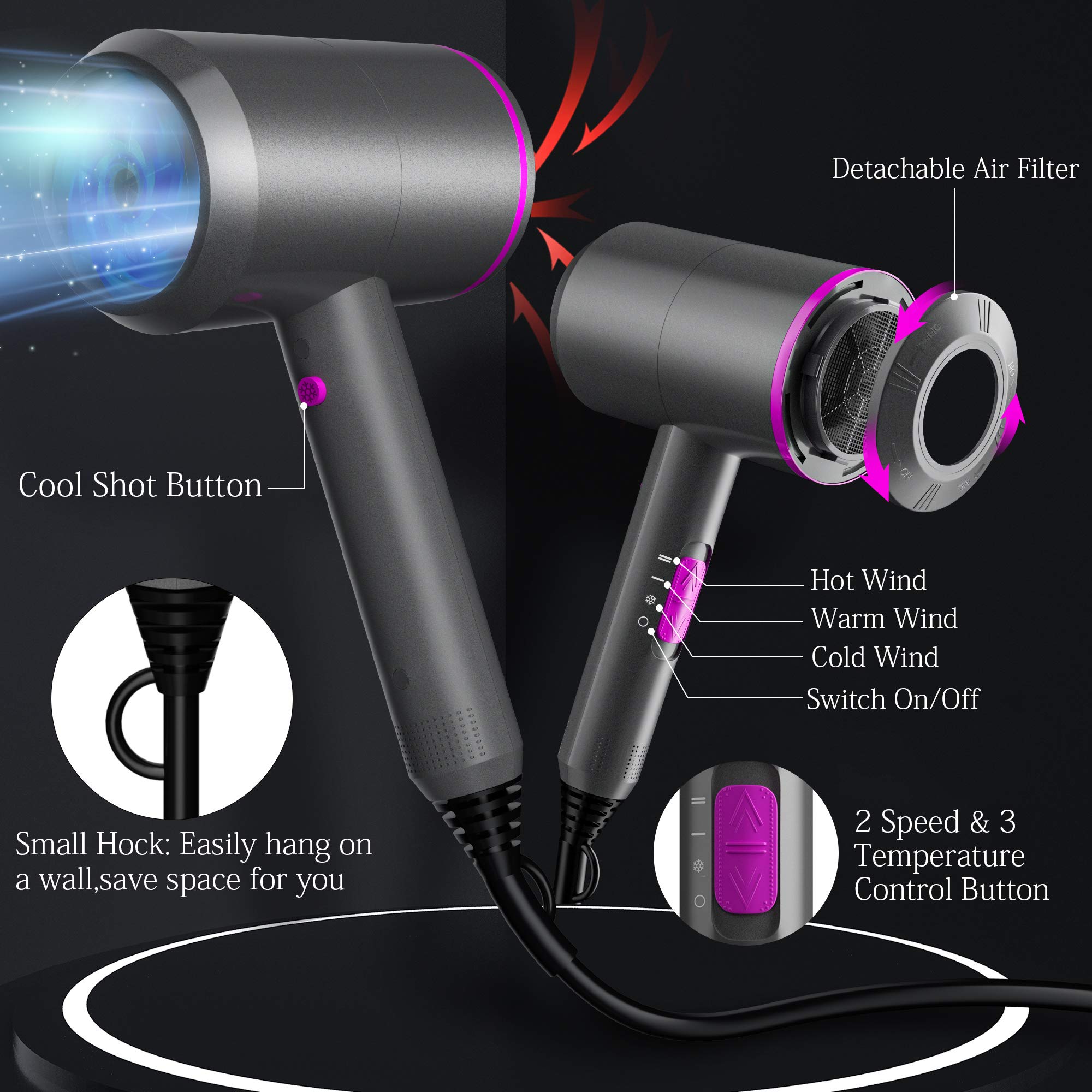 Professional 2000W Ionic Hair Dryer with AC Motor - Salon Performance Blow Dryer for Fast Drying, 3 Heat & 2 Speed Settings, Negative Ion Technology for Hair Care - Perfect for Home, Travel & Hotel Use (Great Gift for Hair Stylists & Beauty Enthusiasts)