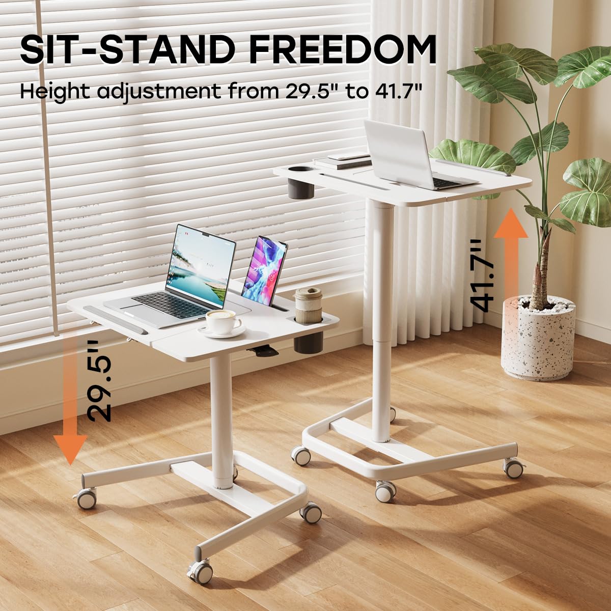 JOY Worker Adjustable Mobile Standing Desk - Portable Sit Stand Workstation with Wheels & Cup Holder - 60° Tiltable Laptop Table for Home Office, Bedroom, Couch & School Use - Holds 22lbs - White