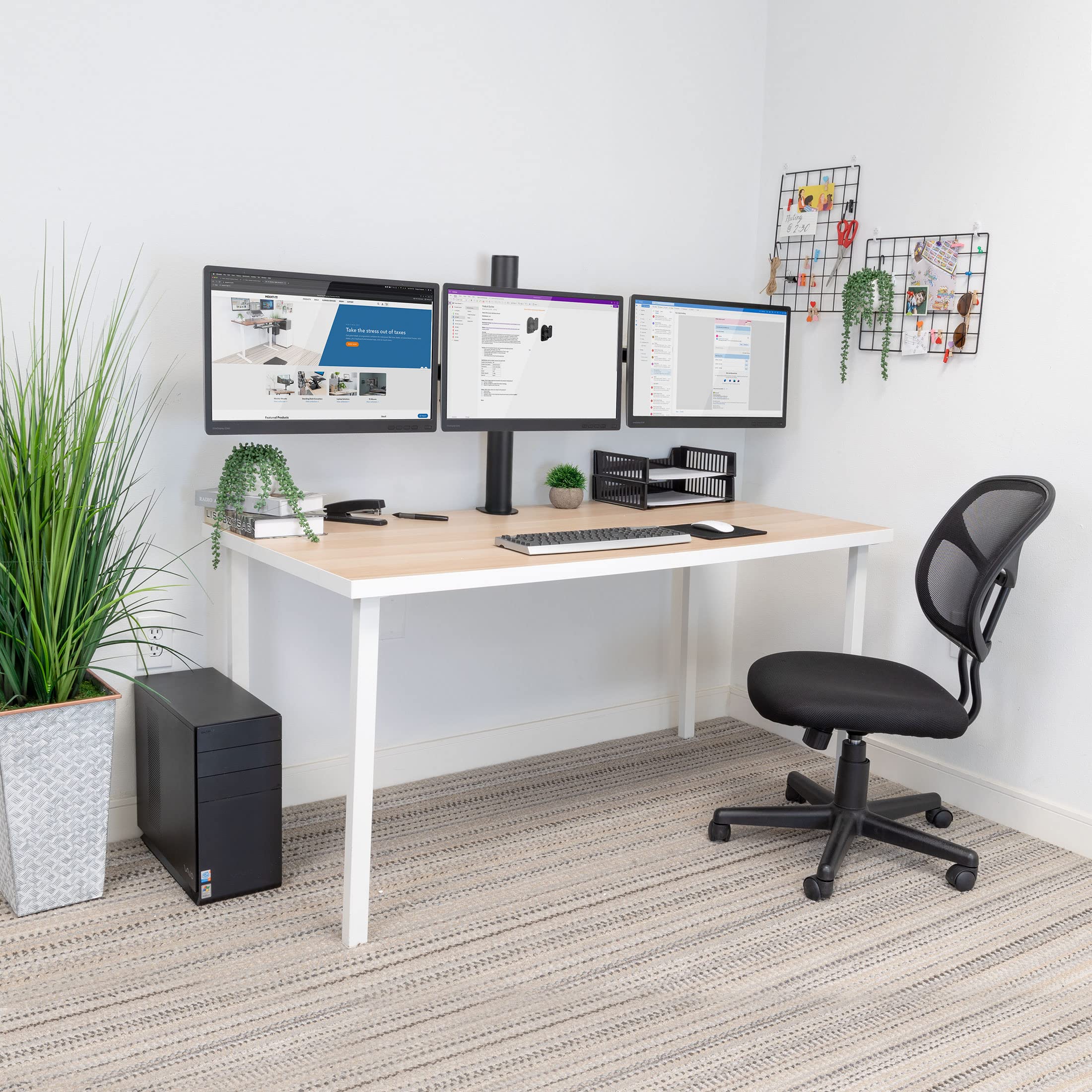 Mount-It! Triple Monitor Mount Stand - Heavy Duty Full Motion 3 Monitor Desk Mount for 19-24 Inch Screens | VESA 75x75/100x100 Compatible | C-Clamp & Grommet Base | Adjustable Arms | Perfect for Gaming, Office & Home Workstations