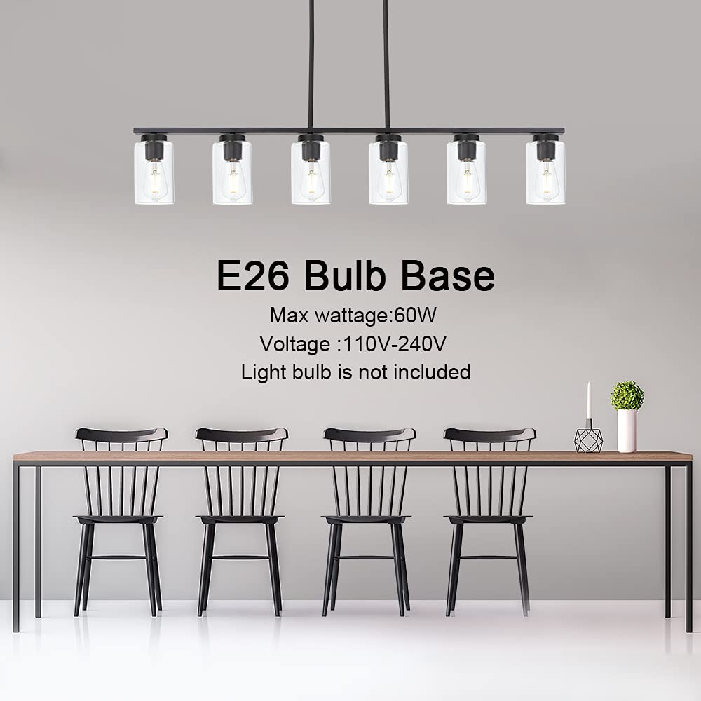 Black 6-Lights Kitchen Island Pendant Lighting with Clear Glass Shades - Farmhouse Style Hanging Light Fixture for Dining Room, Living Room & Kitchen Island - Perfect for Rustic Home Decor and Modern Farmhouse Interiors