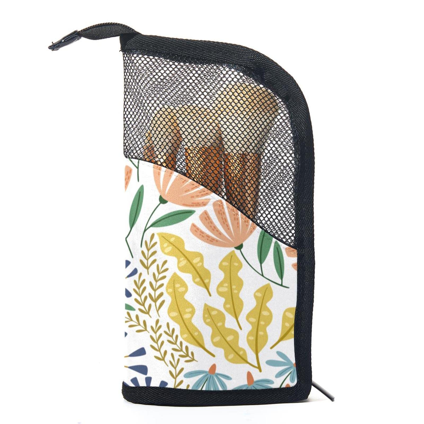 Watercolor Flower Leaves Tropical Makeup Brush Organizer Bag with 12 Brushes - Portable Makeup Brush Holder Case Set for Travel & Home Vanity Storage