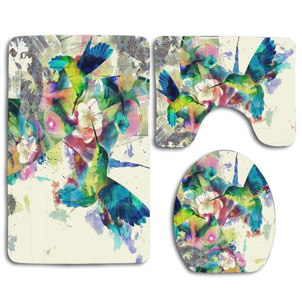 MEWSGK 3-Piece Bathroom Rug Set - Soft Non-Slip Bath Mat, Toilet Lid Cover with Colorful Hummingbird & Flower Design - Perfect for Bathroom Decor, Guest Bathrooms & Home Spa Retreats