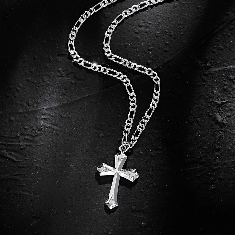 FANCIME 925 Sterling Silver Cross Pendant Necklace for Men - White Gold Plated with 4MM Figaro Chain, 24 Inch - Religious Jewelry Gift for Him, Perfect for Baptism, Confirmation & Daily Wear