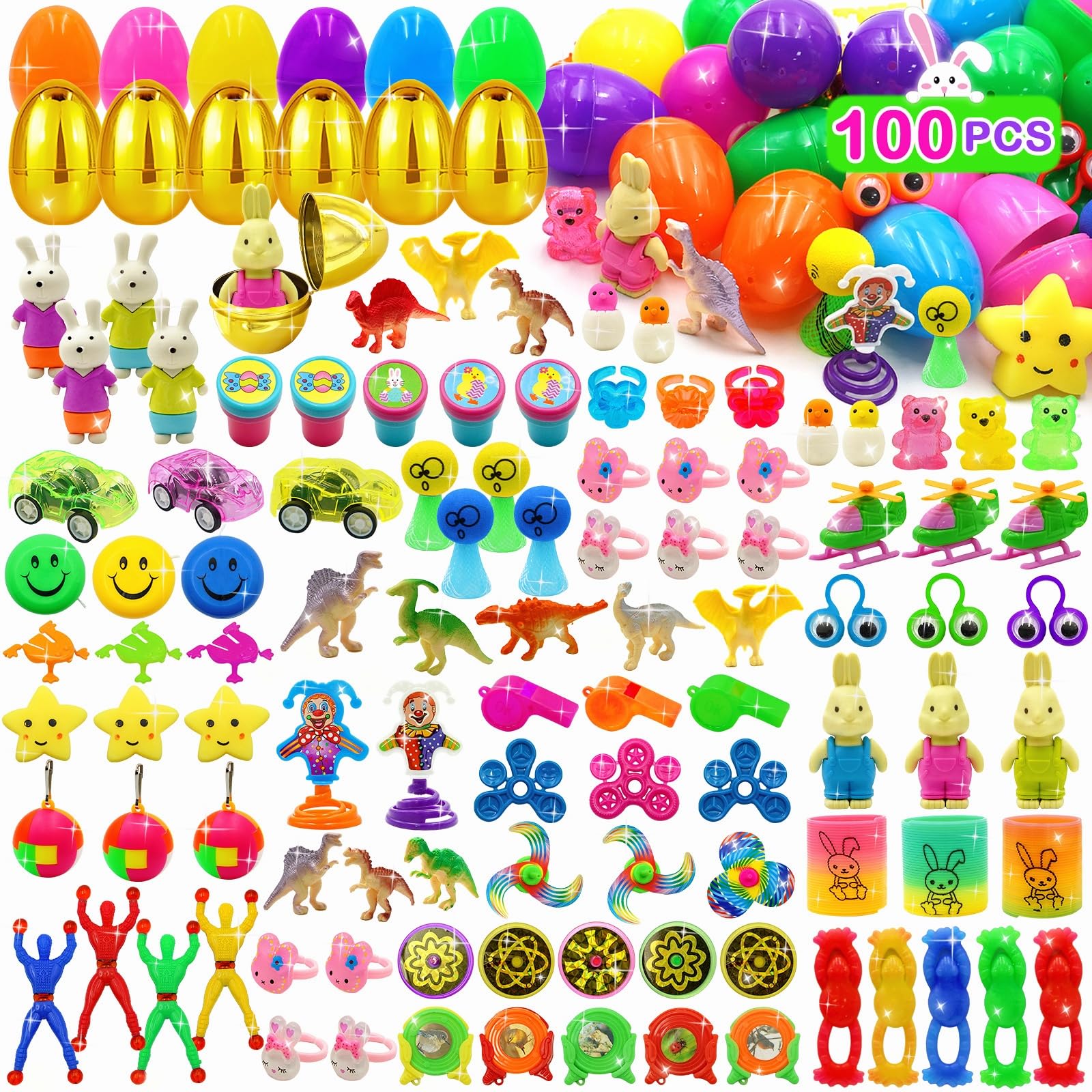 6 Surprise Golden Eggs - 100 PCS Easter Prefilled Eggs with Assorted Toys & Fidget Toys, Plastic Easter Egg Fillers for Kids - Perfect for Easter Egg Hunts, Basket Stuffers, Birthday Parties and Classroom Activities (Toddlers, Boys & Girls)