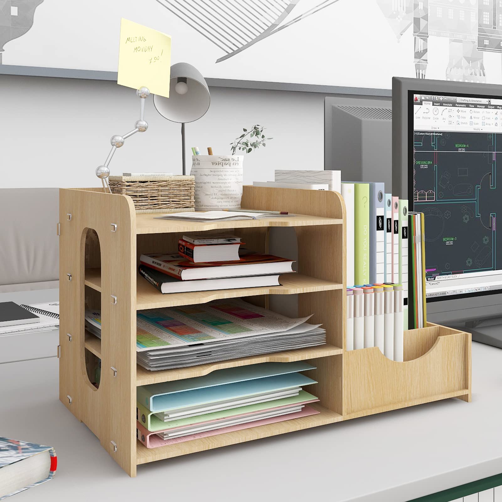 PUNCIA 4-Tier Wooden Desktop Organizer - A4 Paper File Rack with Vertical & Horizontal Holders, Office Supplies Storage Box, Mail Sorter for Desk, Tabletop Binder & Letter Trays - Perfect for Home & Office Organization