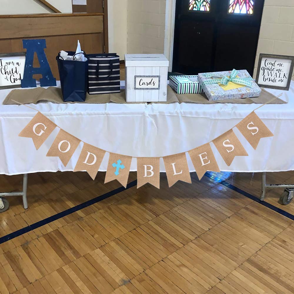 CHRORINE God Bless Banner - Blue Baptism & First Communion Decorations for Boys, Confirmation Party Supplies | Perfect for Church Events, Baptism Celebrations & Religious Gatherings