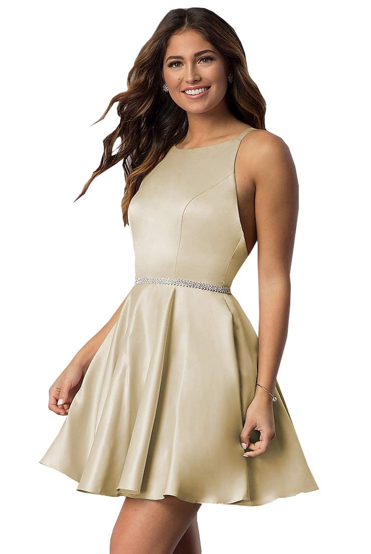 Elegant POMUYOO Women's Scoop Neck Beaded Satin Prom Dress - Short Homecoming Party Dress with Pockets for Formal Events, Dances & Special Occasions