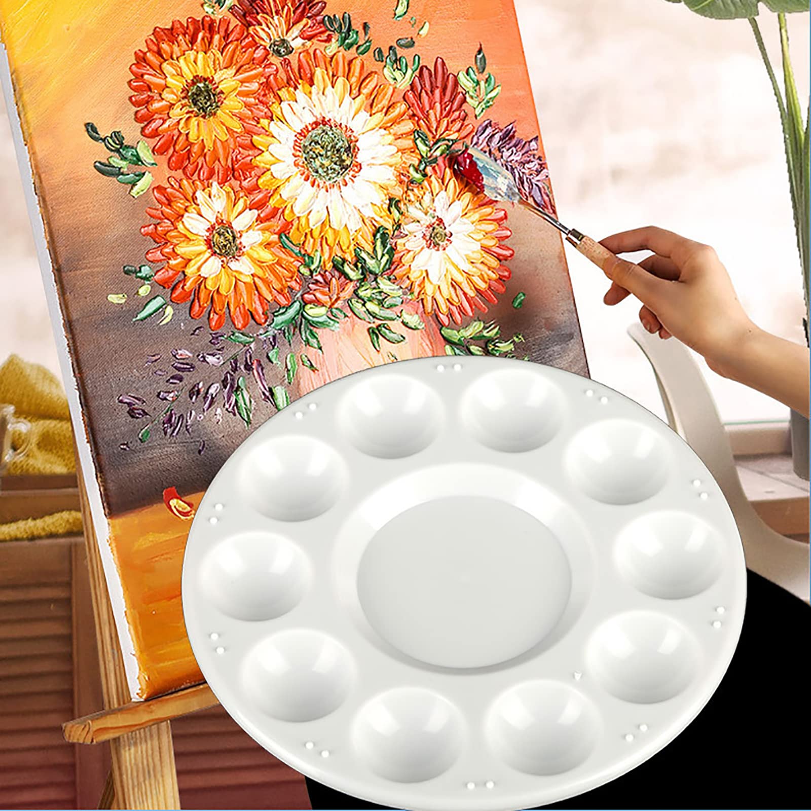 4 Pack Round Plastic Paint Palettes with 11 Wells - 6.7 Inch White Paint Tray for Oil & Watercolor Painting - Perfect for Artists, Students & DIY Projects