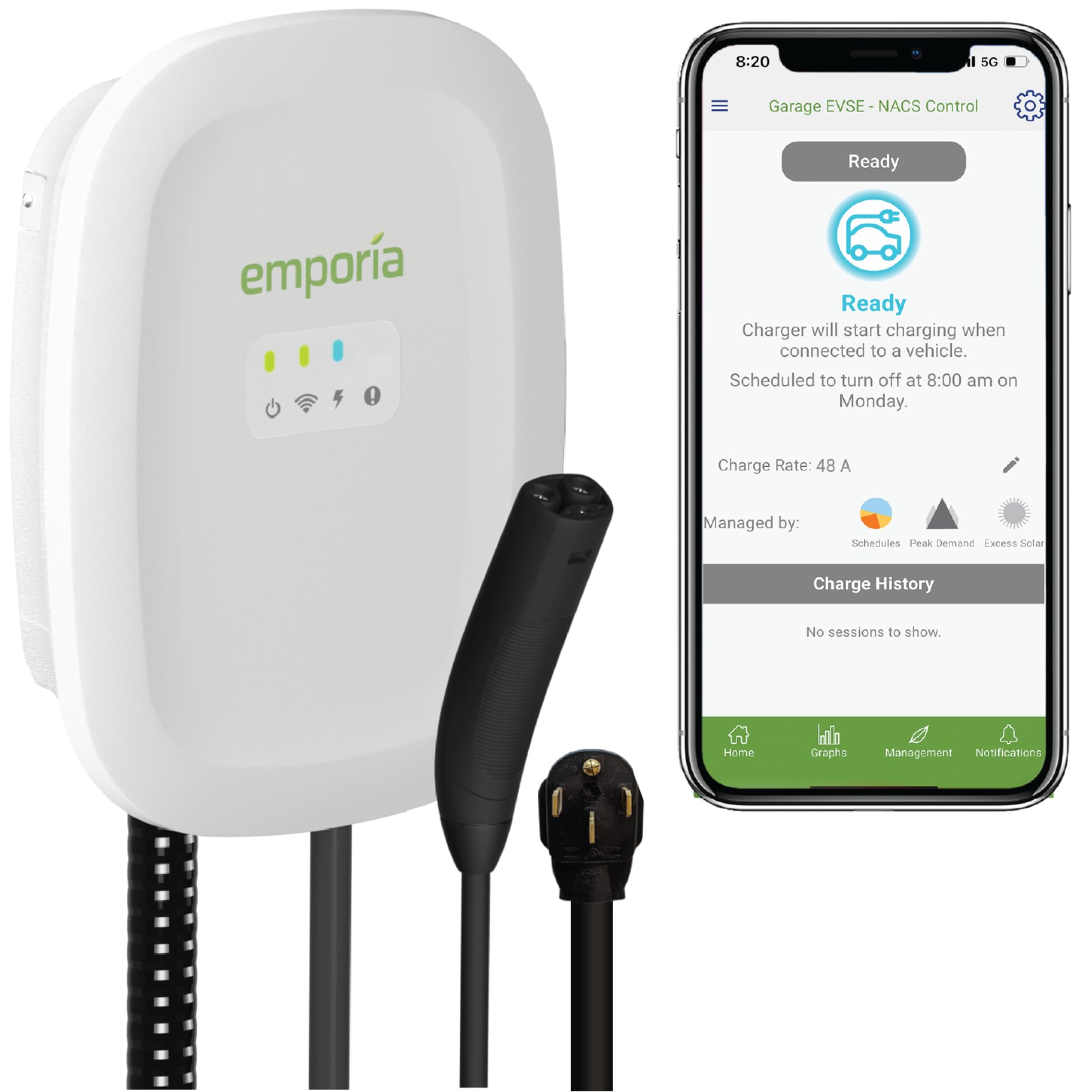 Emporia Level 2 EV Charger 48Amp - Indoor/Outdoor Electric Vehicle Charging Station with NEMA 14-50 Plug or Hardwired Installation - WiFi Enabled, UL/Energy Star Certified (White) - Perfect for Home, Garage, Workplace & Public Charging Stations