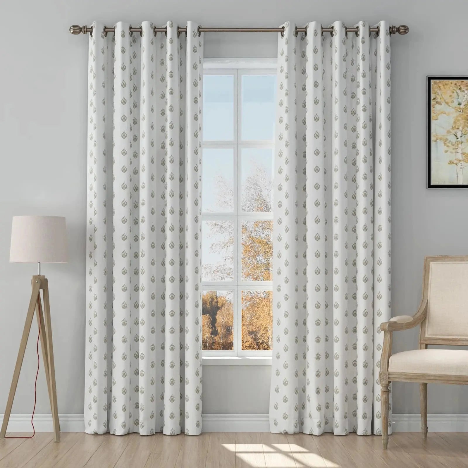 Stefana Silver Print Linen Curtains with Grommet Top - Elegant Window Drapes for Living Room, Bedroom & Dining Room Decor