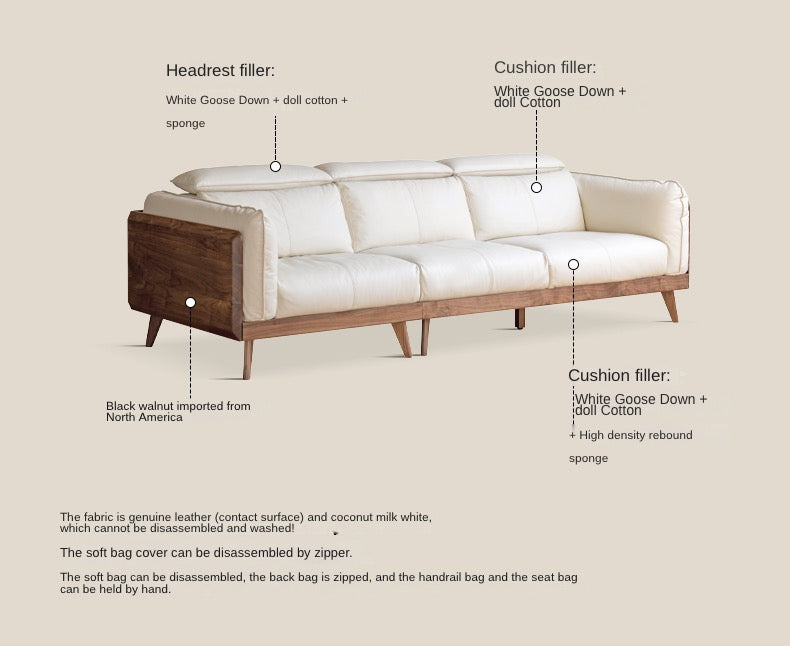 Premium Black Walnut & Ash Solid Wood Genuine Leather Down Sofa - Luxury Handcrafted Couch for Living Room, Lounge & Office Comfort
