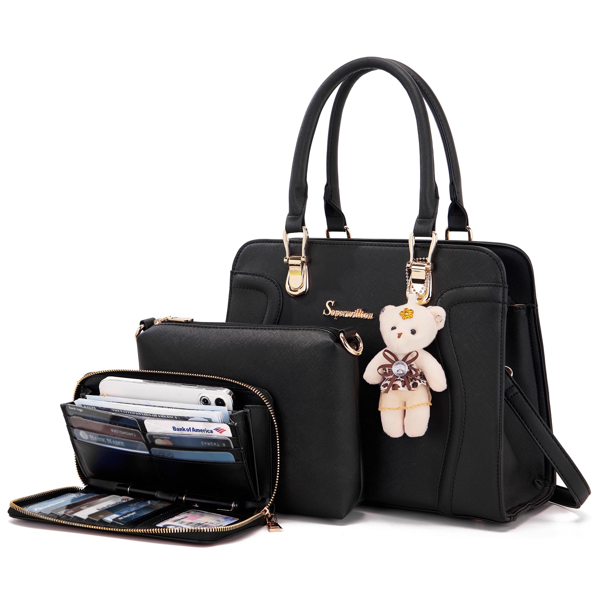 Soperwillton Women's Crossbody Shoulder Handbag Set - 3 Piece Tote, Satchel & Wallet Combo for Work, Travel & Everyday Use