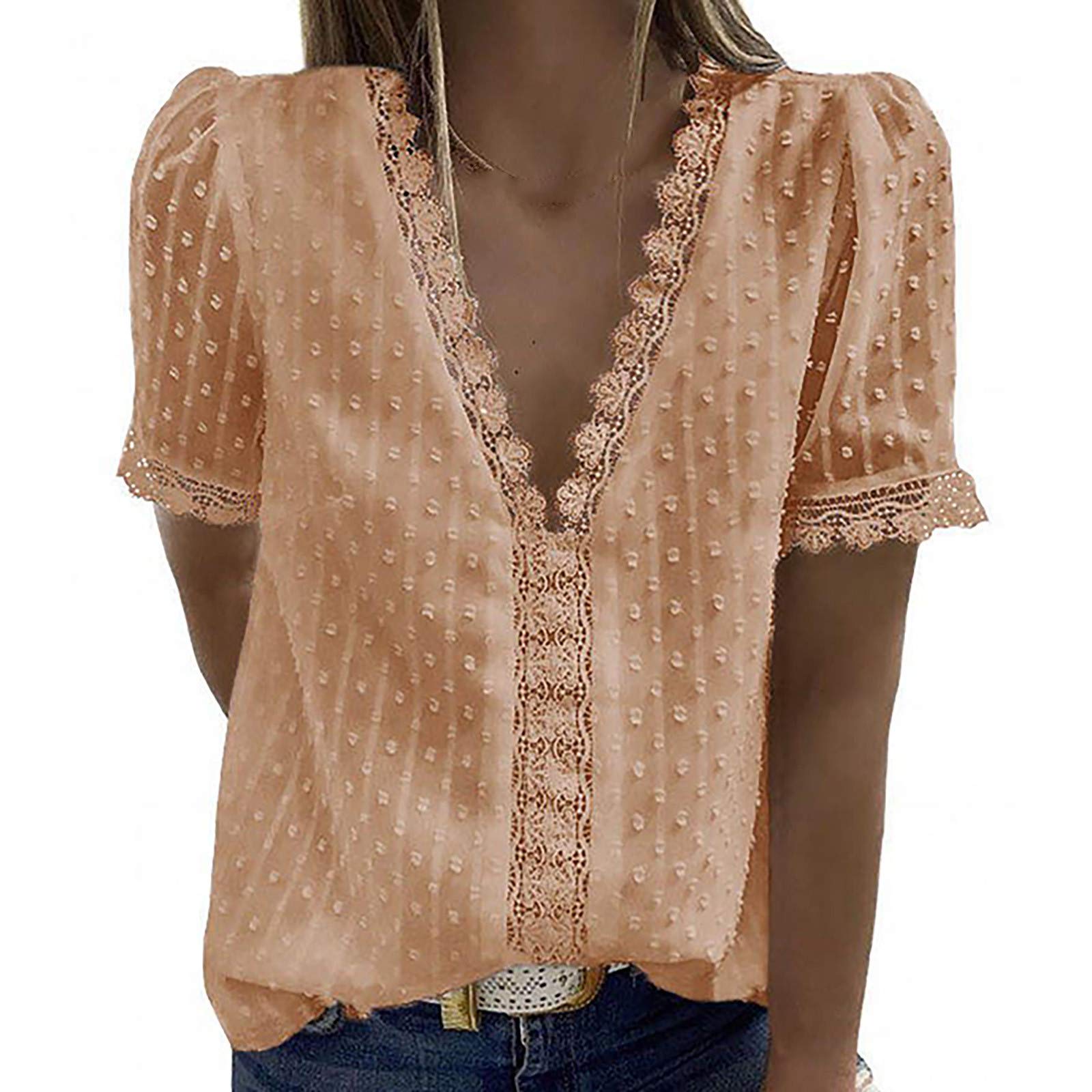Women's Lace Short Sleeve V-Neck T-Shirt - Breathable Summer Casual Top, Loose Fit Tee for Everyday Wear, Dating & Outdoor Activities