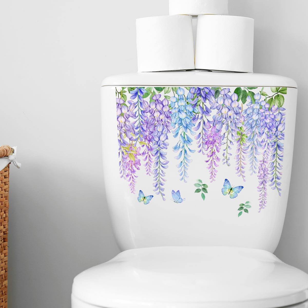 Butterfly Purple Flowers Toilet Cover Sticker Decals - Waterproof Self-Adhesive Bathroom Decor for Toilet Lid, Tank & Wall - Floral Butterfly Rose Leaf Design - Perfect for Home, Apartment & RV Bathroom Makeover