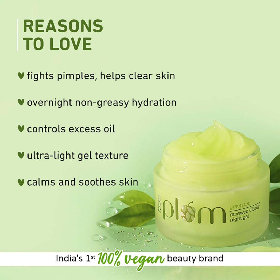 Plum Green Tea Renewed Clarity Night Gel Mini - Hydrating & Acne-Fighting Face Moisturizer for Oily Skin | Lightweight, Quick-Absorbing, Non-Sticky Vegan Gel | Perfect for Nighttime Skincare Routine & Travel