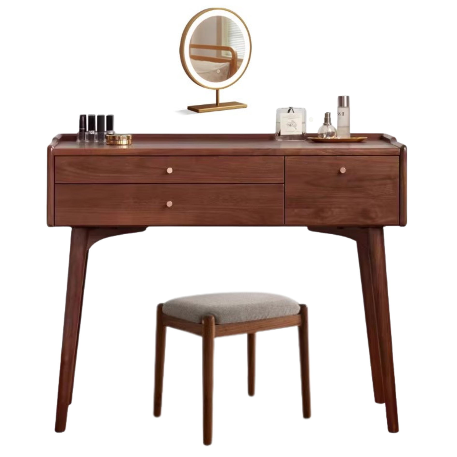 39.4x17.7x31.9 inch/ 100x45x81сm/ Rich Dark Walnut color/ Black Walnut Dressing Table + Cosmetic Mirror Gold Edge + Cosmetic Stool Linen Gray Set