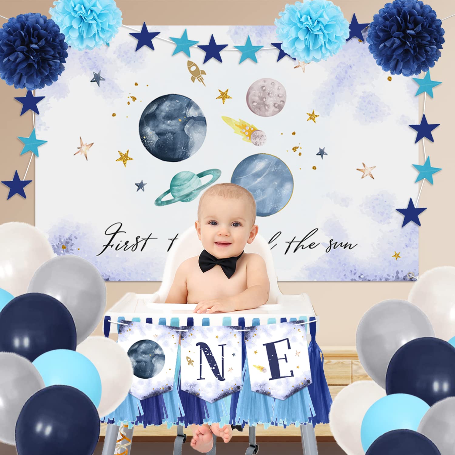 Outer Space First Birthday Decorations - 1st Birthday Banner, High Chair Decor & Party Supplies for Boys | Space Theme Party Decorations for Baby's First Trip Around The Sun Celebration