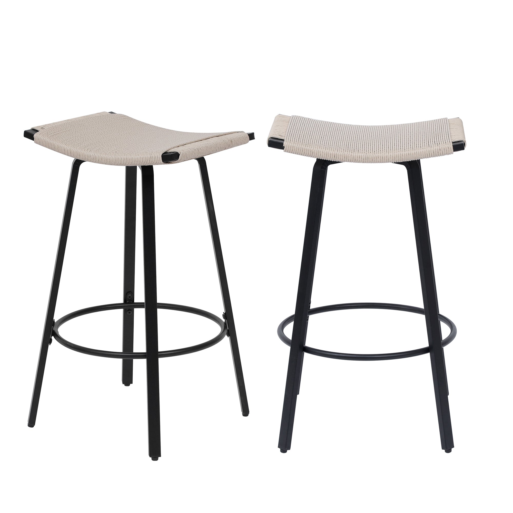 Handwoven PVC Counter Height Bar Stools Set of 2 - Backless Kitchen & Dining Chairs with Round Footrest - Indoor & Outdoor Pub Stools in Black & Creamy White - Perfect for Kitchen Islands, Breakfast Bars, and Outdoor Patios