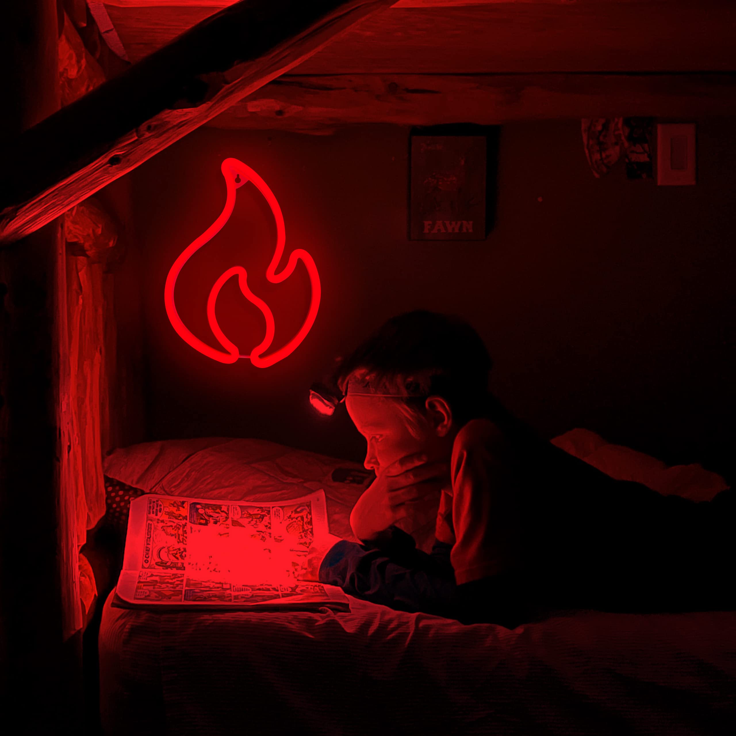 Flame Neon Sign - LED Wall Decor Light, Hanging Flame Shape, USB/Battery Powered Fire Neon Light for Kids Room, Boys Bedroom, Party, Bar & Birthday Decorations - Perfect for Themed Parties, Man Cave & Game Room Lighting