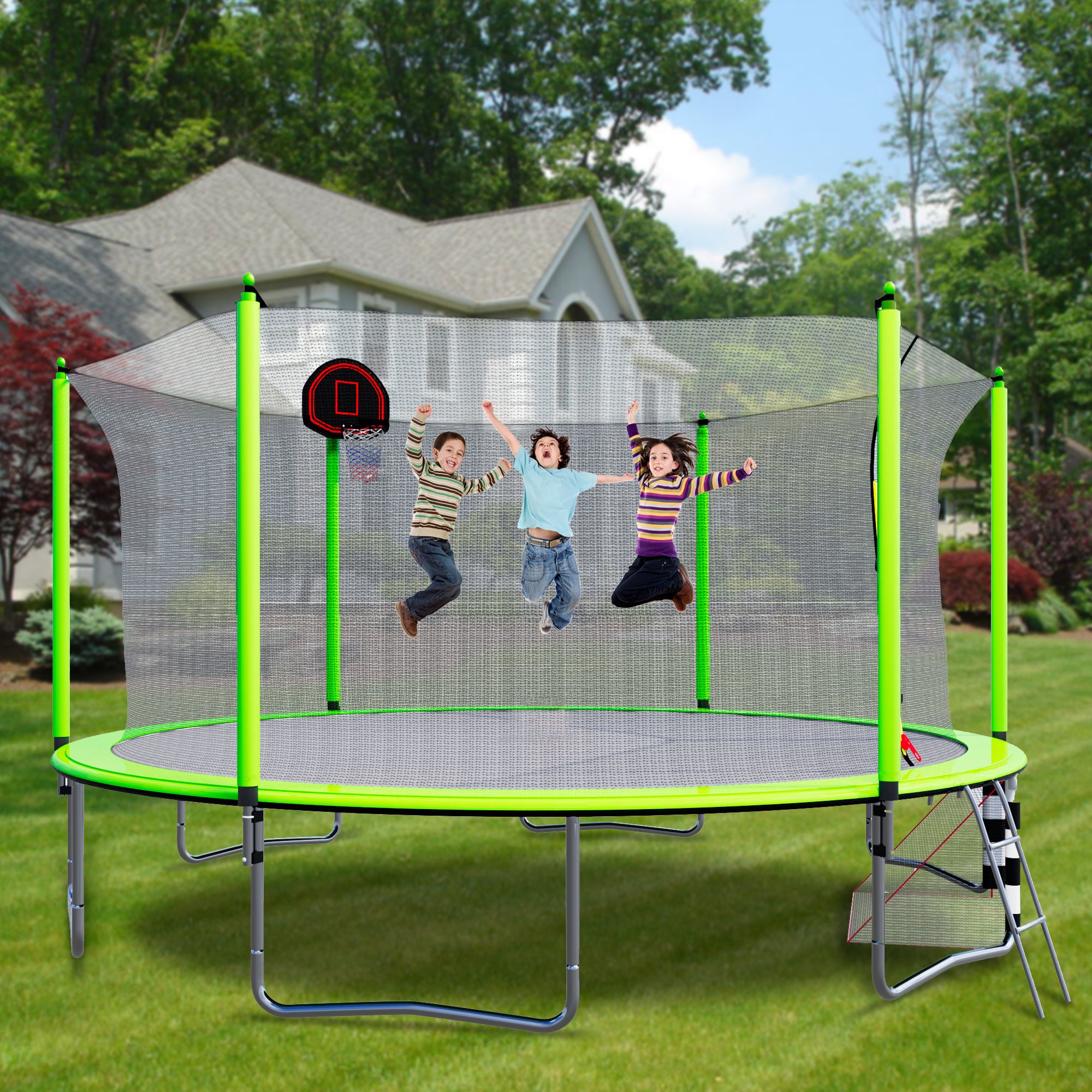 16FT Trampoline with Basketball Hoop, Air Pump & Ladder - Includes Safety Enclosure Net & Soccer Goal - Outdoor Backyard Fun for Kids & Family - Perfect for Exercise, Playtime & Birthday Parties (Green)