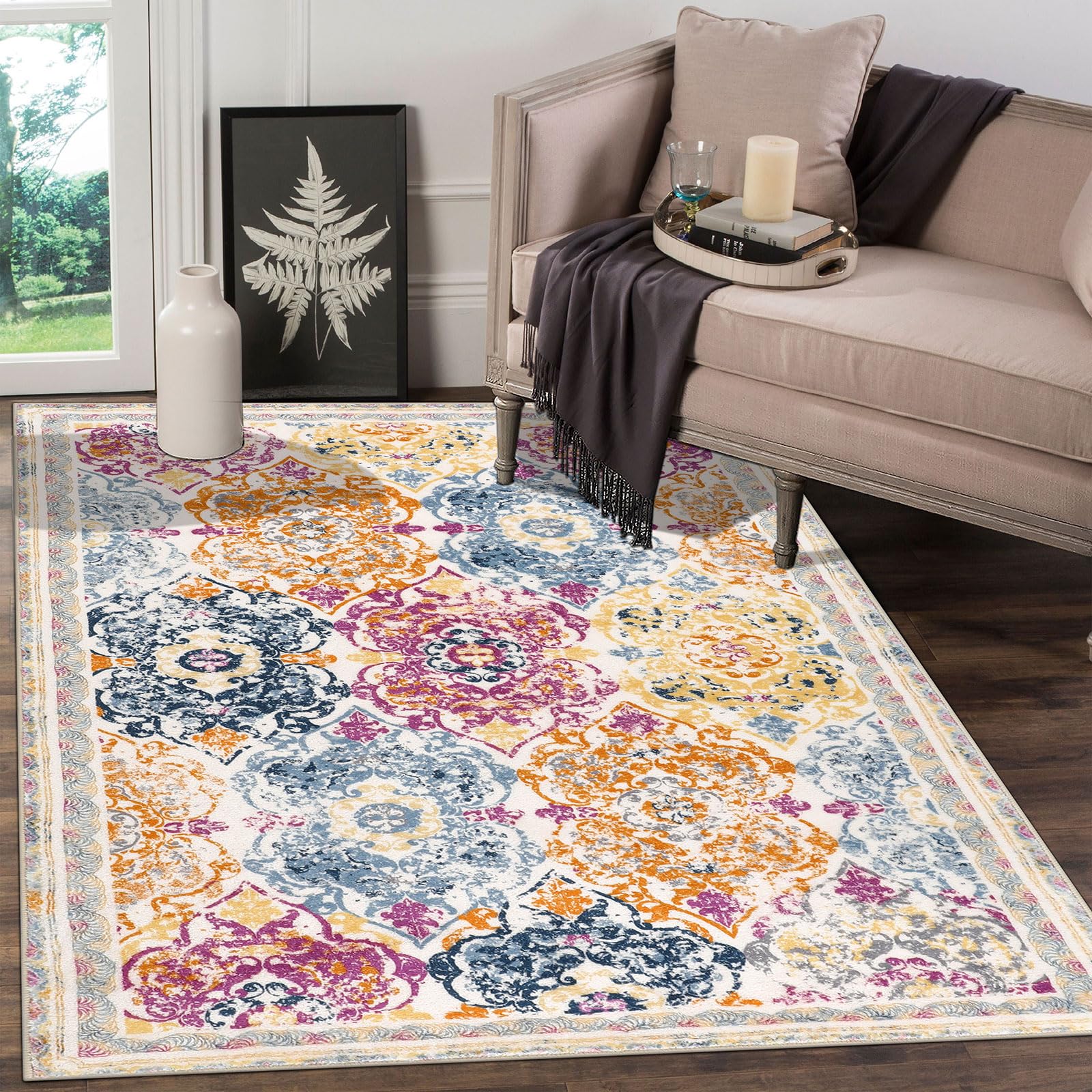 Vaukki Vintage Shaggy Soft Washable Rug - Non-Slip 3'x5' Living Room Carpet for Farmhouse, Bedroom, Bathroom & Kids Room - Colorful Bohemian Style Area Mat | Perfect for Cozy Home Decor, Floor Protection & Safe Play Areas