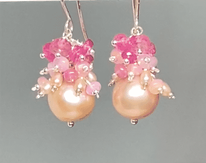 Pink Pearl Earrings with Pink Sapphire & Opal Clusters - Elegant Dangle Earrings for Women, Perfect for Weddings, Parties & Special Occasions