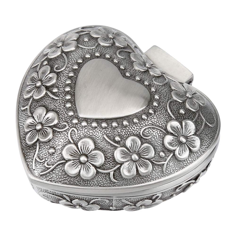 Vintage Heart-Shaped Jewelry Box with Embossed Flower Pattern - Small Metal Ring Holder & Treasure Case for Necklaces, Earrings, Bracelets - Perfect Gift for Valentine's Day, Anniversary & Bridal Jewelry Storage