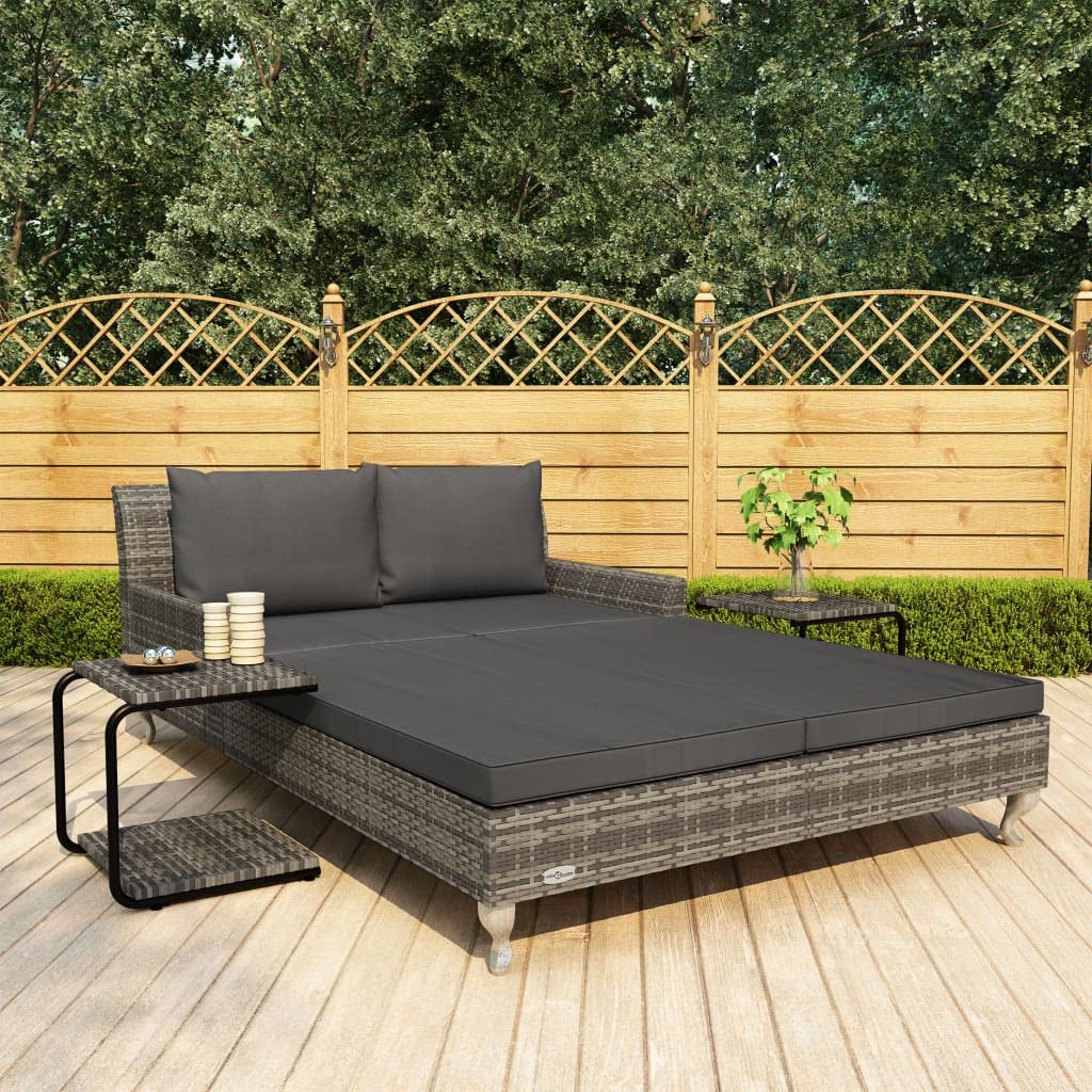 ZQQLVOO 2-Person Outdoor Chaise Lounge Chair - Waterproof Poly Rattan Sunbed with Cushions, Gray Patio Furniture for Poolside, Garden, Backyard Relaxation | Perfect for Sunbathing, Lounging by the Pool, or Outdoor Nap Time