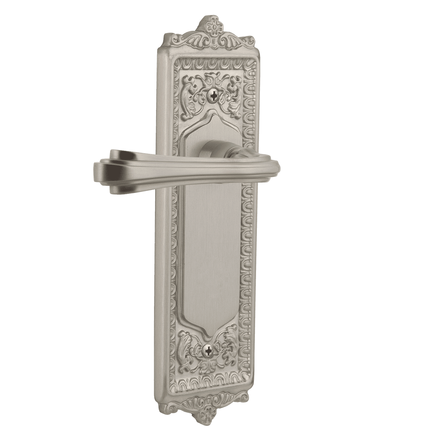 Satin Nickel Egg & Dart Long Plate with Fleur Lever - Elegant Cabinet & Drawer Hardware for Vintage Home Decor & Furniture Restoration