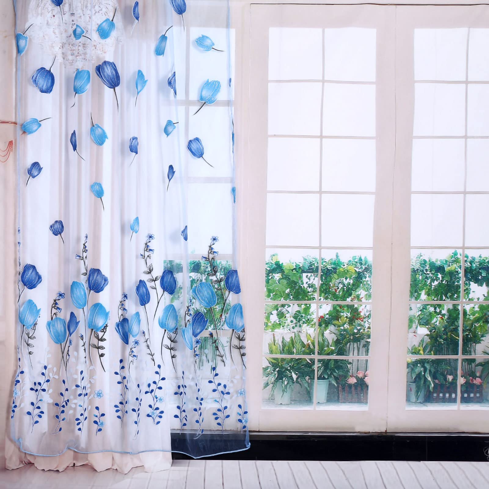 TeamSky Colorful Tulips Printed Tulle Window Curtains - Breathable Sheer Drapes for Bathroom & Living Room Decor (Blue) | Elegant Home & Office Window Treatment