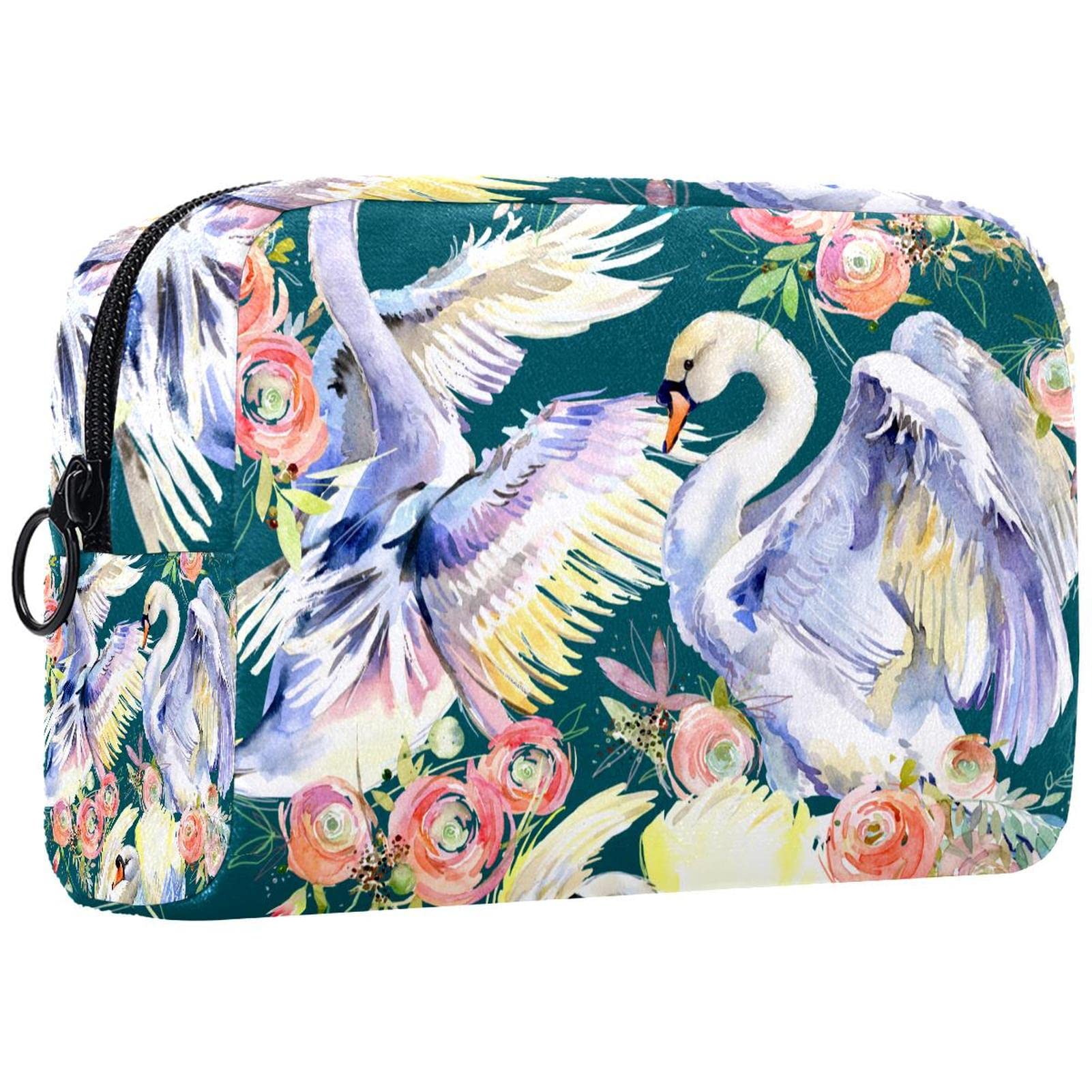 Elegant Watercolor Floral & Swan Printed Small Makeup Bag for Women - Travel Cosmetic Pouch, Toiletry Organizer for Daily Use, Gym, Vacation & Business Trips