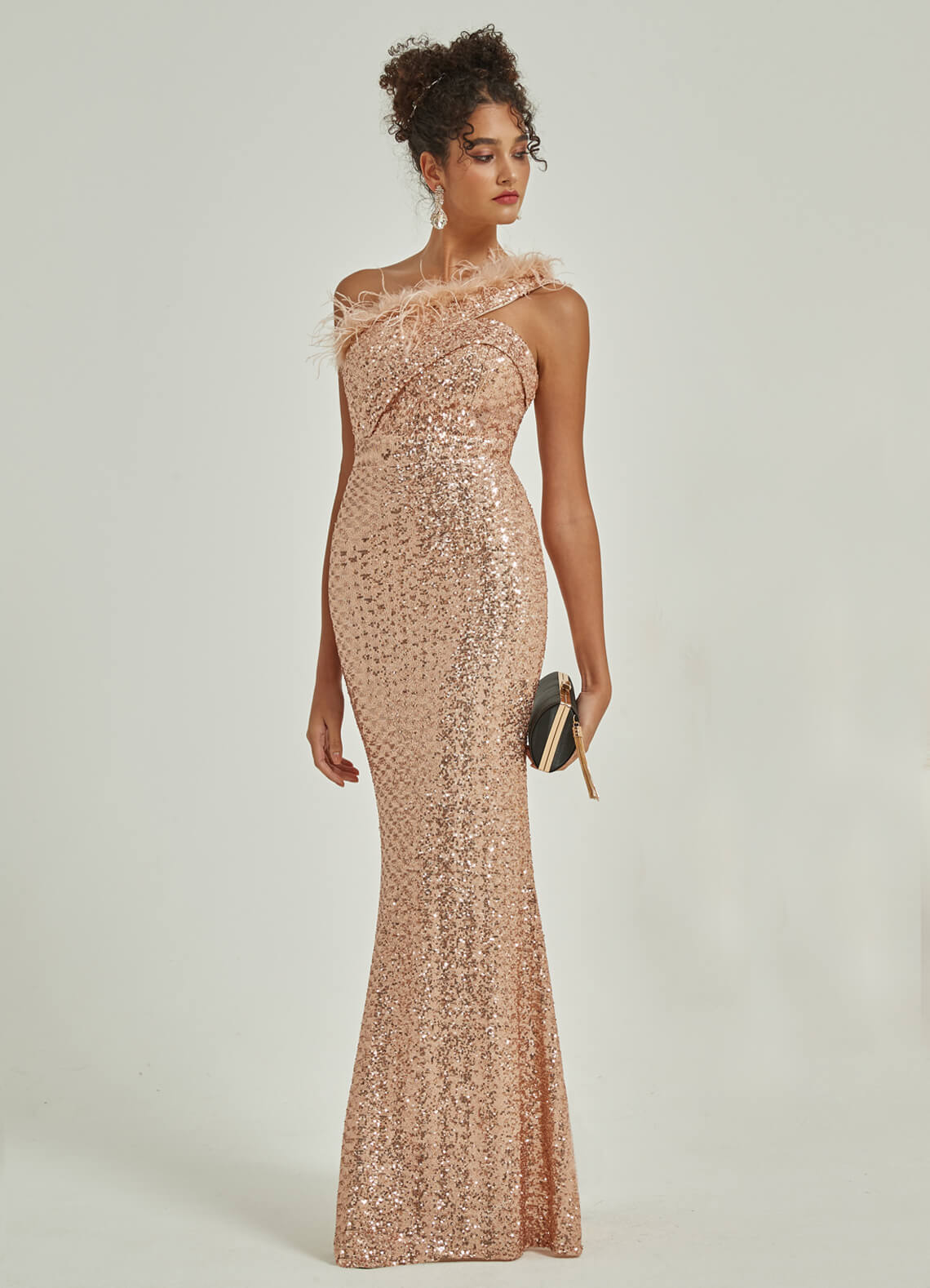Luxury Champagne Gold One Shoulder Feather Sequin Mermaid Formal Gown - Elegant Evening Dresses for Prom, Gala & Black Tie Events