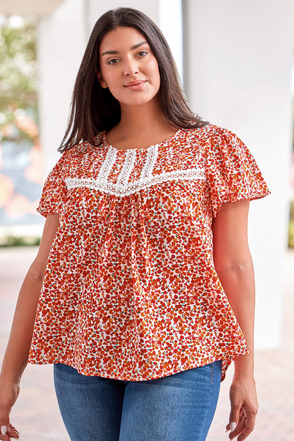 Plus Size Floral Lace Trim Summer Blouse - Women's Flowy Boho Tunic Top for Casual Wear, Beach & Vacation Outfits