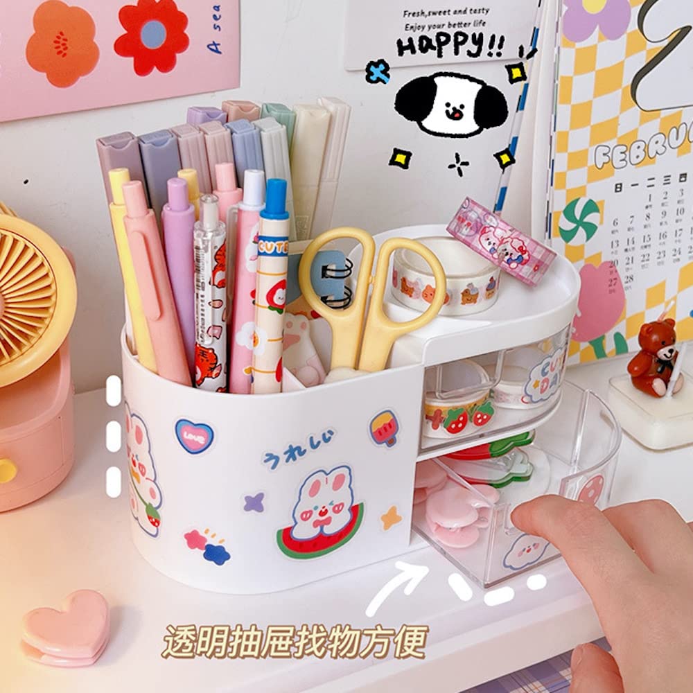 Cute Pink Kawaii Desk Organizer with Drawers & Stickers - 7.1x3.6x3.6 Inches School Stationery Storage for Teen Girls - Perfect for Dorm Room, Bedroom & Makeup Organization | DIY Fun Accessories for Home & Office