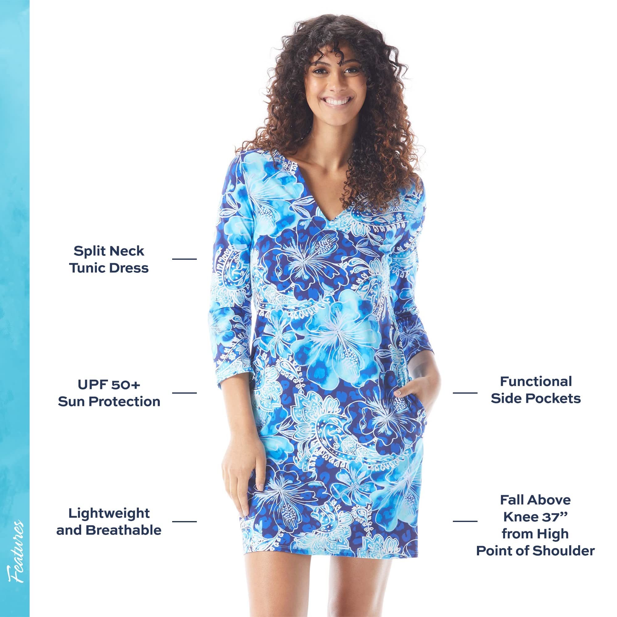 BEACH HOUSE Style Quinn Split Neck Tunic Dress - Wrinkle Resistant UPF 50+ Sun Protection Dress for Women | Perfect for Beach Vacations, Summer Outings & Resort Wear