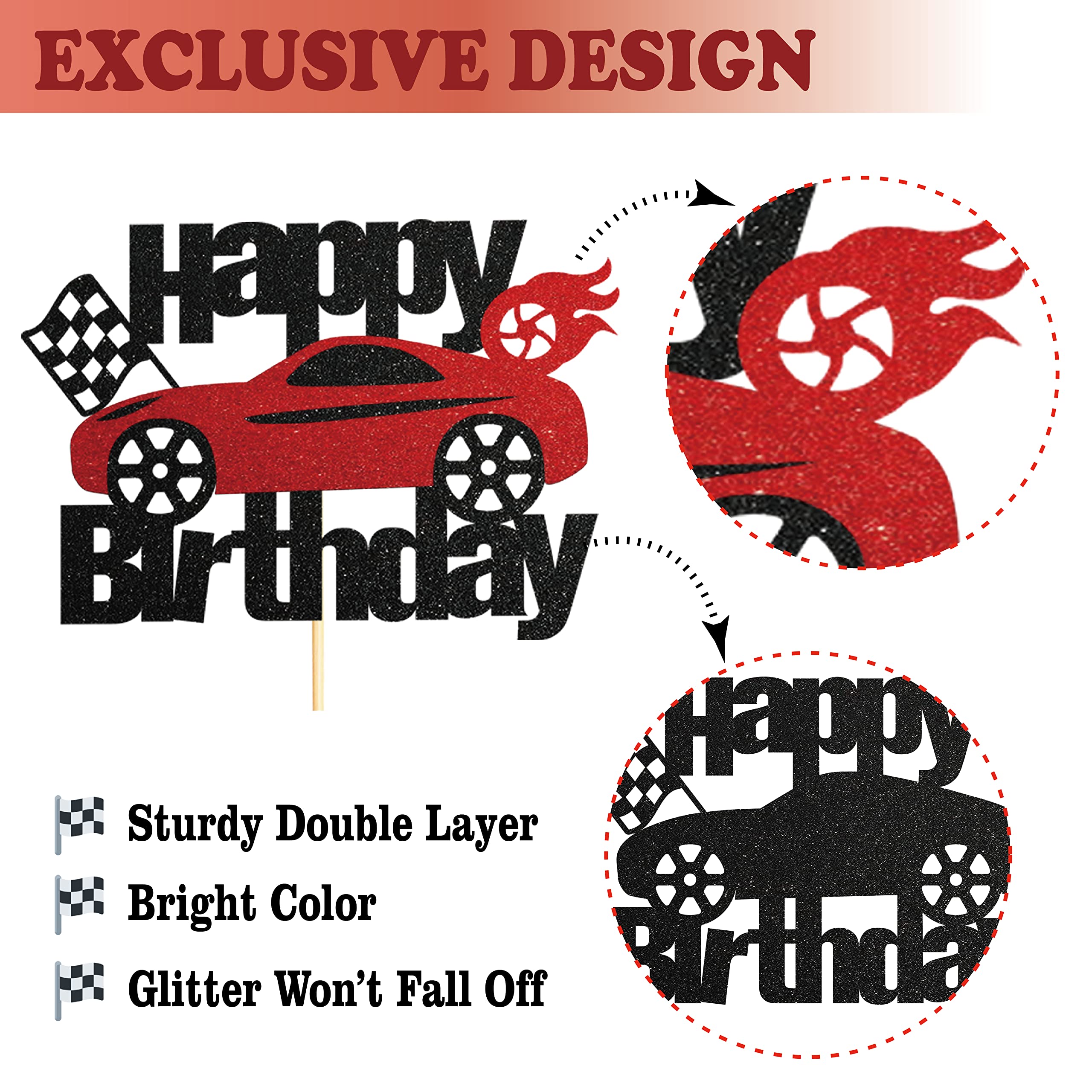 Siipoo Glitter Car Birthday Cake Topper - Black Red Glitter Race Car Decor for Race Car Themed Party Supplies, Perfect for Kids' Birthday Cakes and Decorations